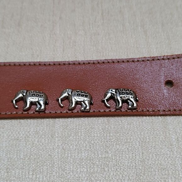 Brown Leather Wide Belt with Ornate Silver Buckle & Silver Elephant Studs Size S - Picture 7 of 10